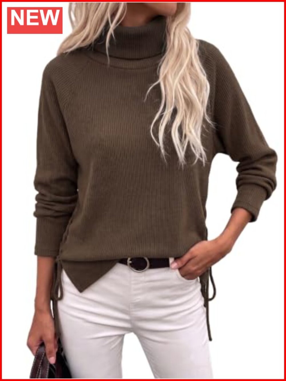 Turtleneck Oversized Ribbed Knit Sweater Side Slit Pullover